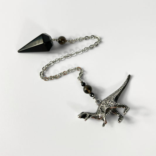 Velociraptor dinosaur dowsing pendulum, obsidian, smoky obsidian, onyx