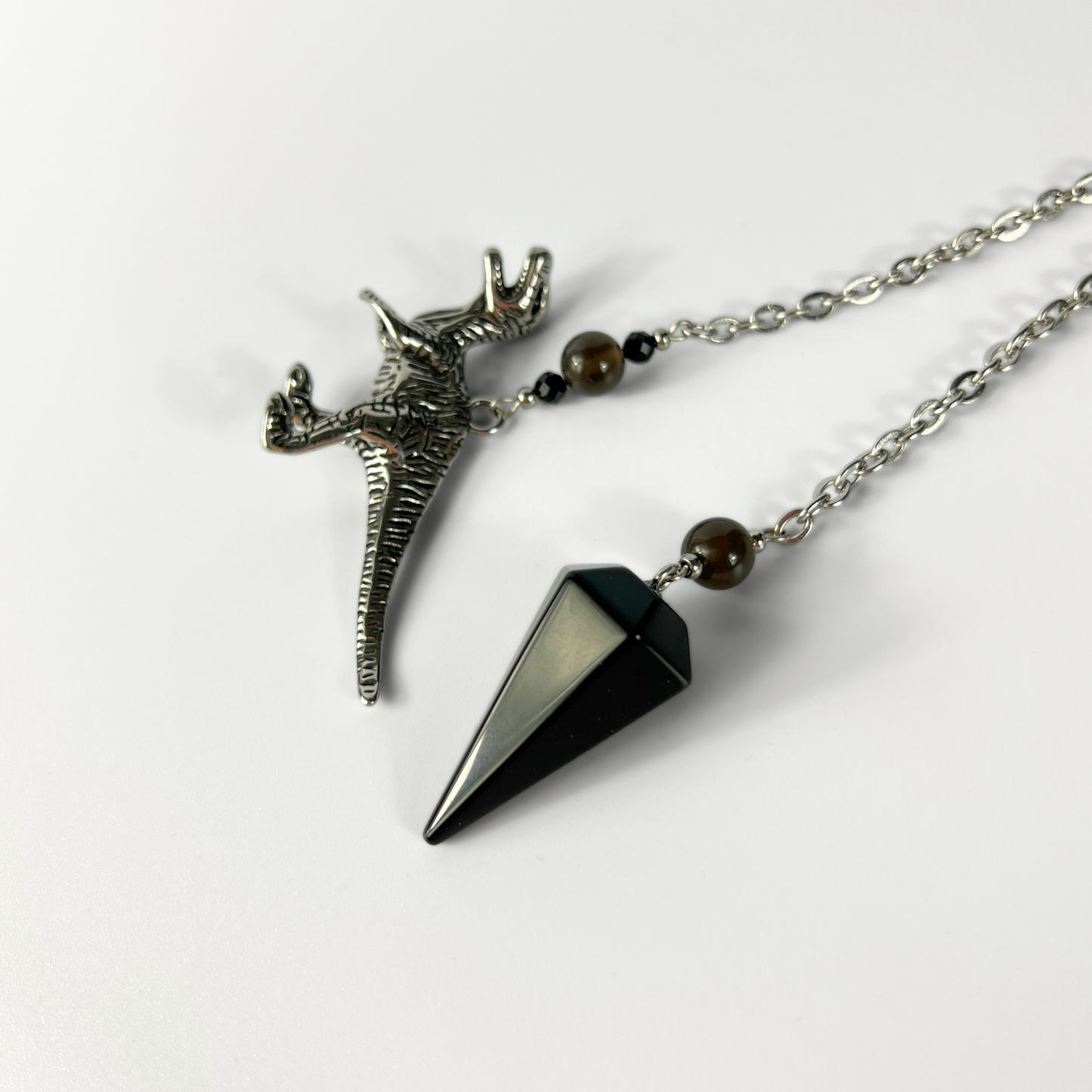 Velociraptor dinosaur dowsing pendulum, obsidian, smoky obsidian, onyx Baguette Magick
