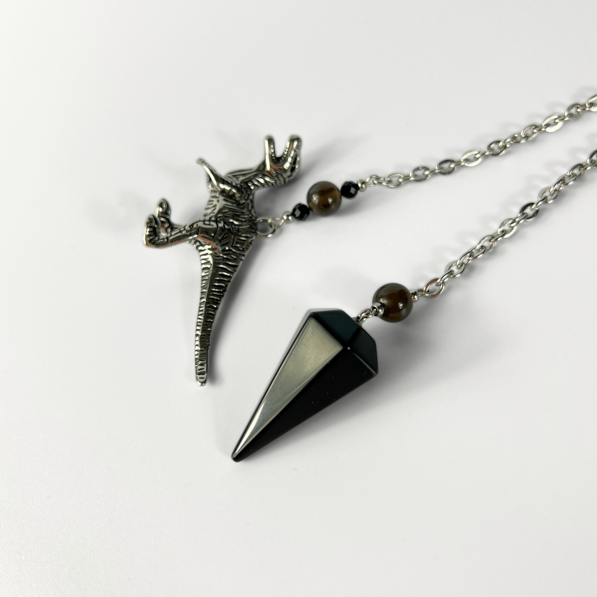 Velociraptor dinosaur dowsing pendulum, obsidian, smoky obsidian, onyx Baguette Magick