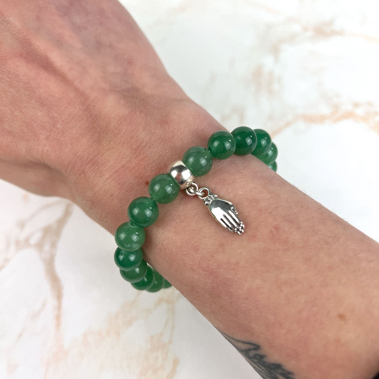Aventurine mala beaded bracelet with a hand and lotus charm Baguette Magick