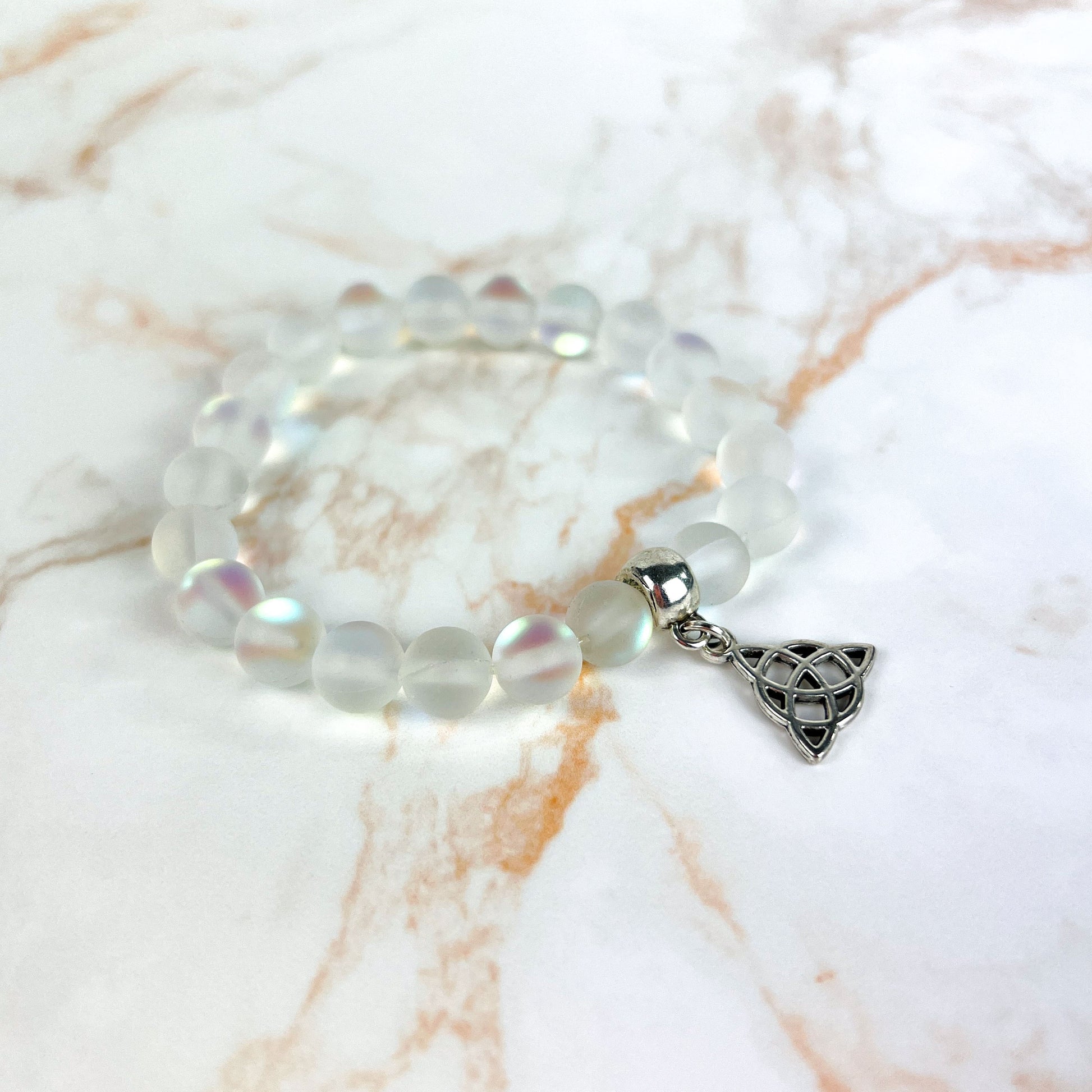 Mermaid glass mala beaded bracelet with a triquetra charm boho mystic aura beads bracelet crystal iridescent glowy bracelet