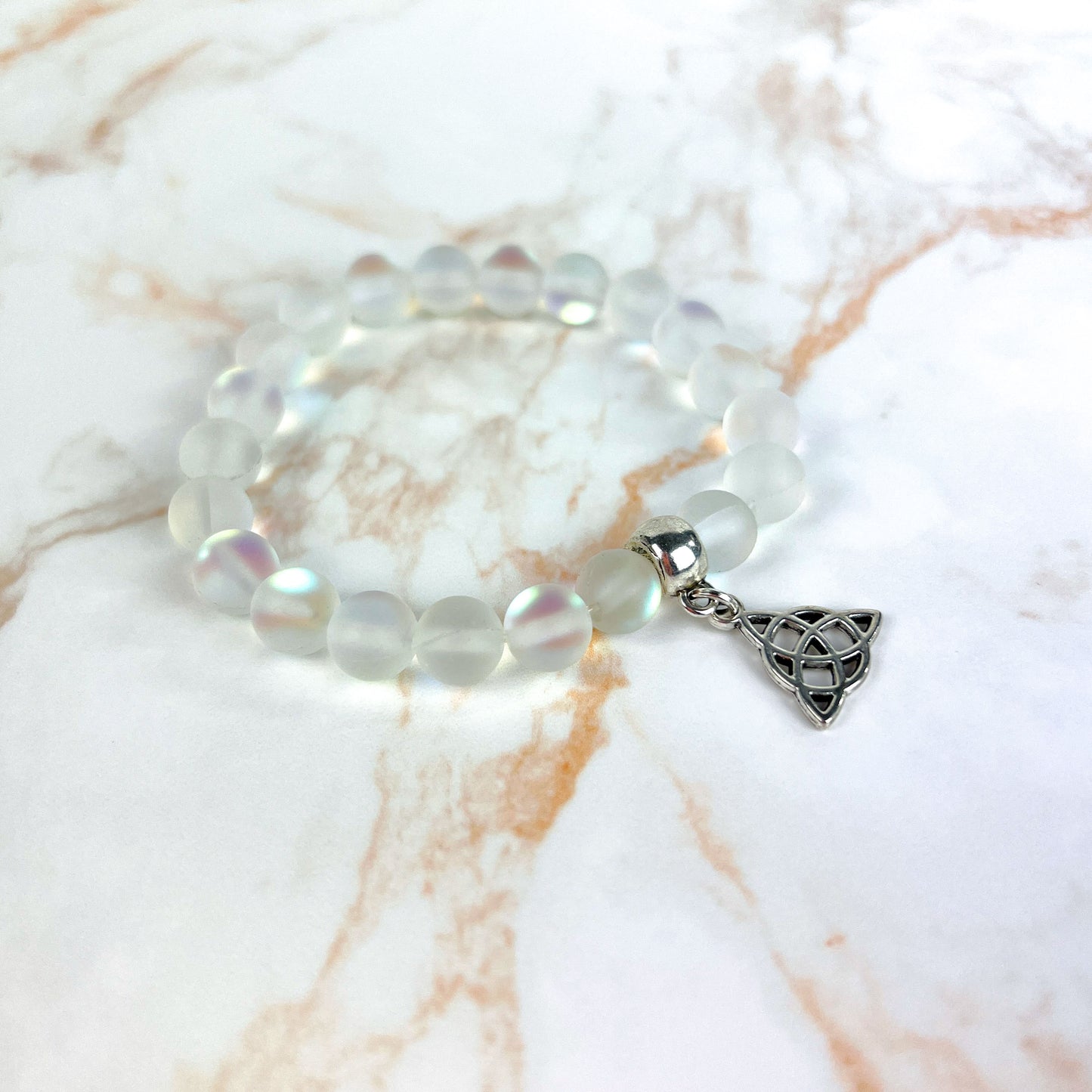 Mermaid glass mala beaded bracelet with a triquetra charm boho mystic aura beads bracelet crystal iridescent glowy bracelet