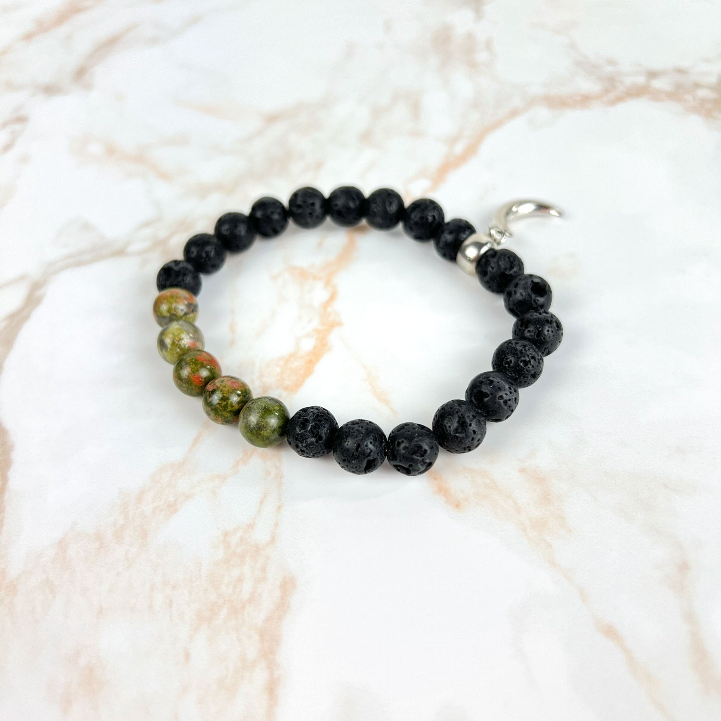 Unakite and lava mala beaded bracelet with a crescent Moon charm Baguette Magick