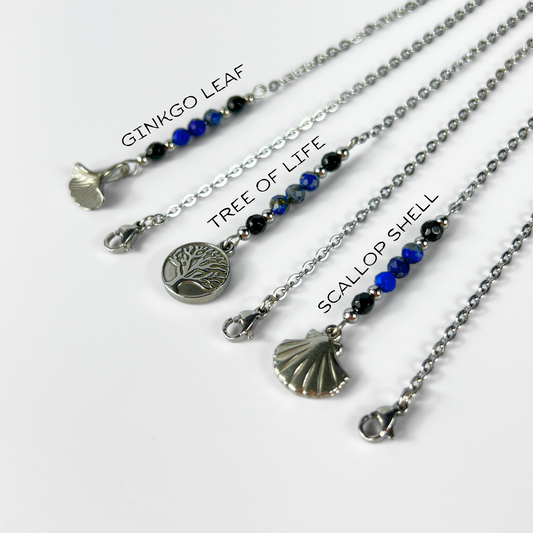 Pendulum chain, Onyx and Lapis Lazuli, Ginkgo leaf, Tree of life, Scallop shell