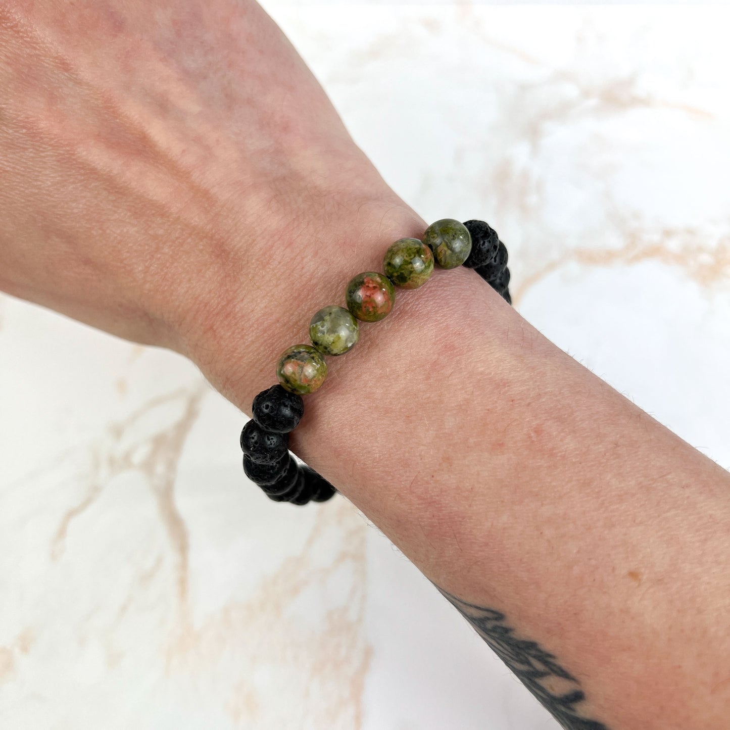 Unakite and lava mala beaded bracelet with a crescent Moon charm Baguette Magick