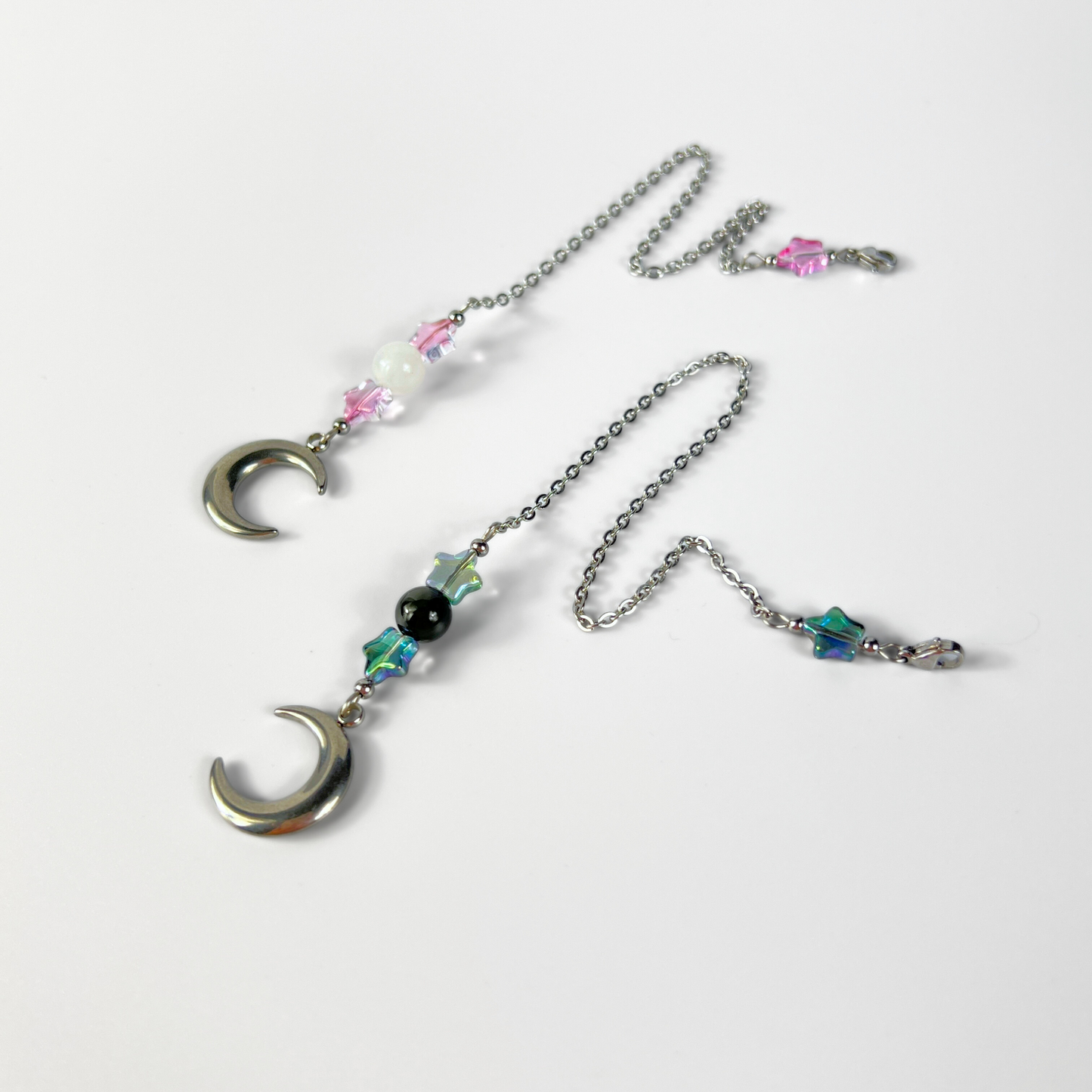Jolies chaînes de pendule, étoiles, obsidienne arc-en-ciel ou quartz clair, croissant de lune