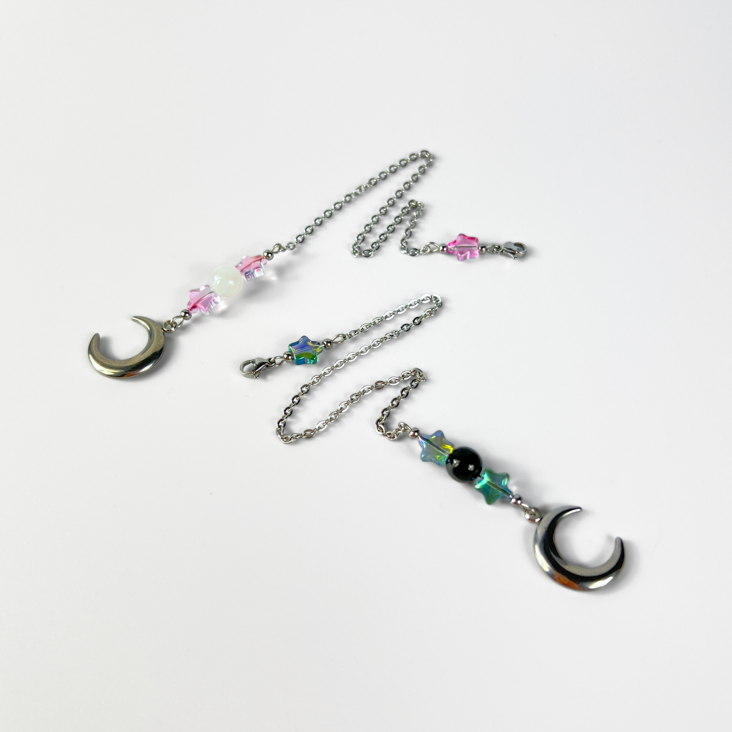 Jolies chaînes de pendule, étoiles, obsidienne arc-en-ciel ou quartz clair, croissant de lune