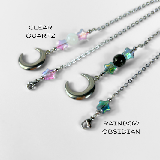 Jolies chaînes de pendule, étoiles, obsidienne arc-en-ciel ou quartz clair, croissant de lune