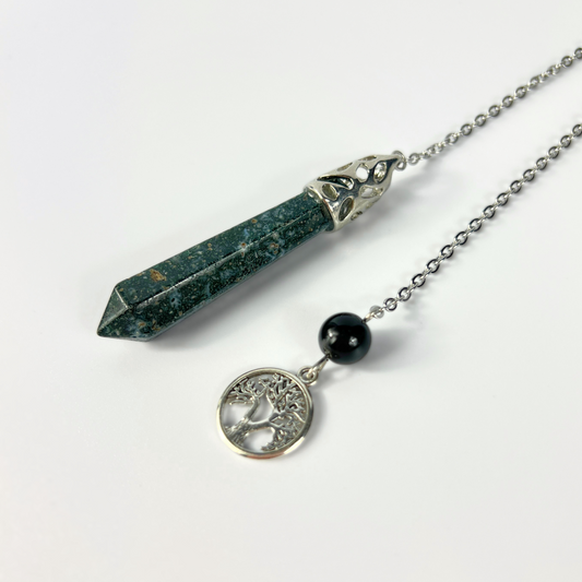 Moss agate, obsidian and tree of life dowsing pendulum Baguette Magick