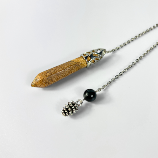 Picture jasper and raw obsidian pinecone pendulum