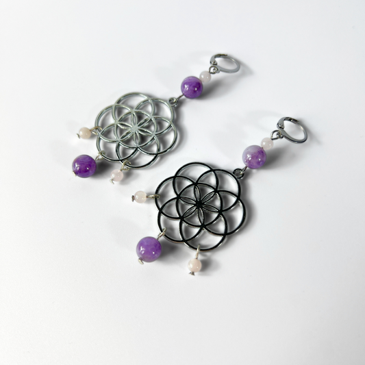 Big flower of life, rose quartz, and amethyst earrings