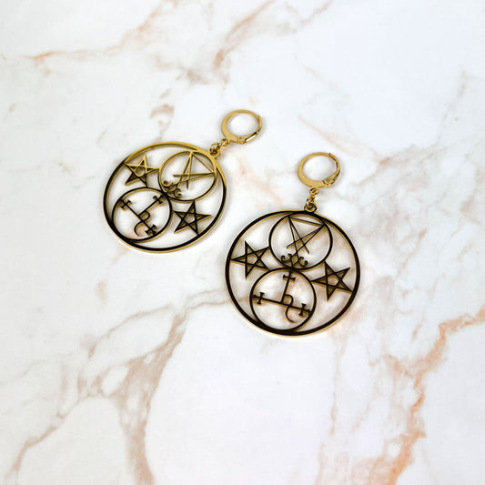 Golden Luciferian earrings, Lilith and Lucifer sigils, inverted pentacle, made of stainless steel Baguette Magick