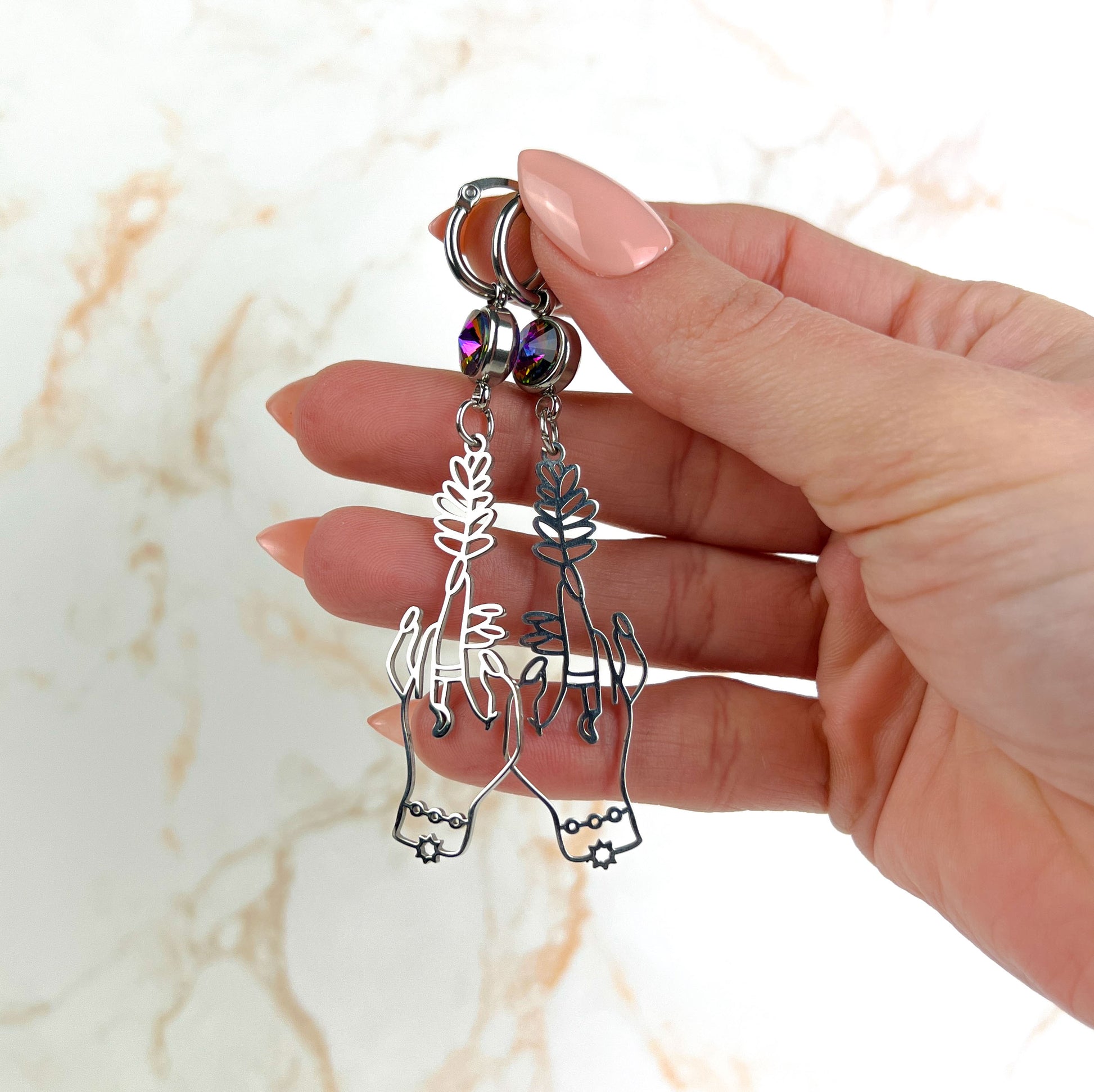 Witch hands earrings with colorful rhinestones made of stainless steel Baguette Magick