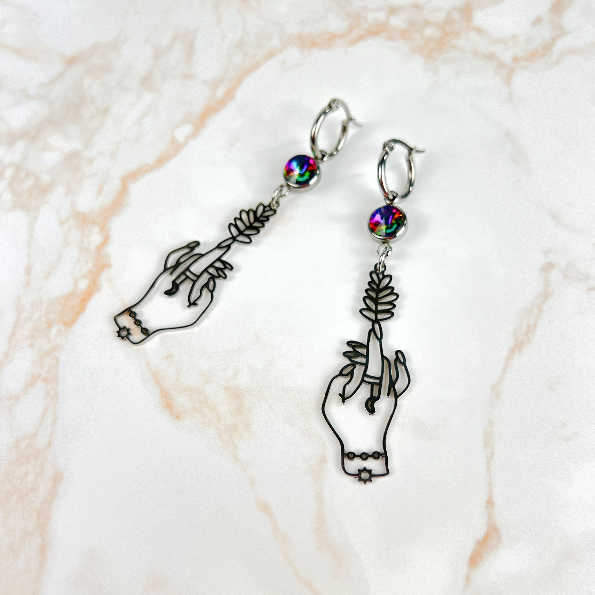 Witch hands earrings with colorful rhinestones made of stainless steel Baguette Magick