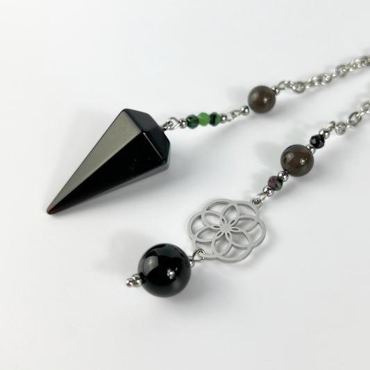 Obsidian, Ruby Zoisite & Onyx Dowsing Pendulum, with flower of life charm