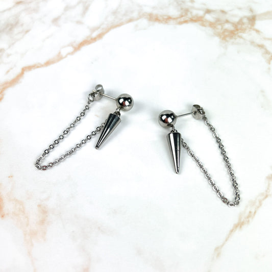 Punk rock stainless steel stud spike and chains earrings Baguette Magick