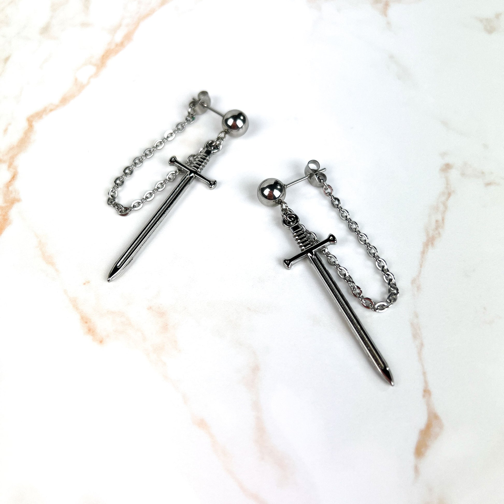 Swords and chains gothic medieval fantasy stainless steel earrings Baguette Magick
