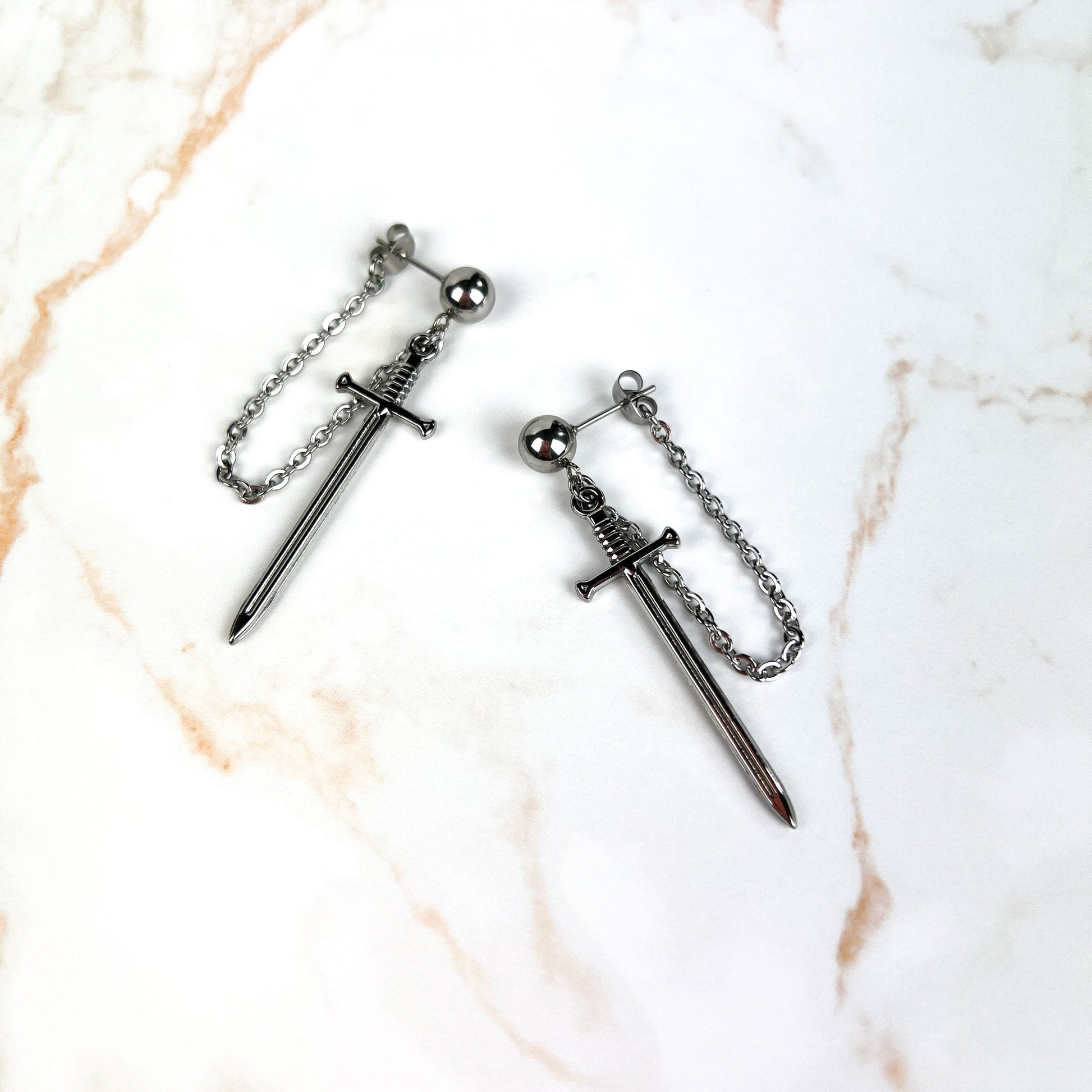 Swords and chains gothic medieval fantasy stainless steel earrings Baguette Magick