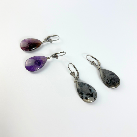 Amethyst or Larvikite art deco teardrop earrings
