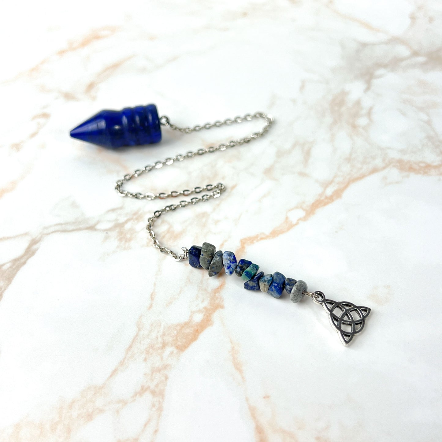 Lapis lazuli and Celtic knot triquetra charm pendulum Baguette Magick