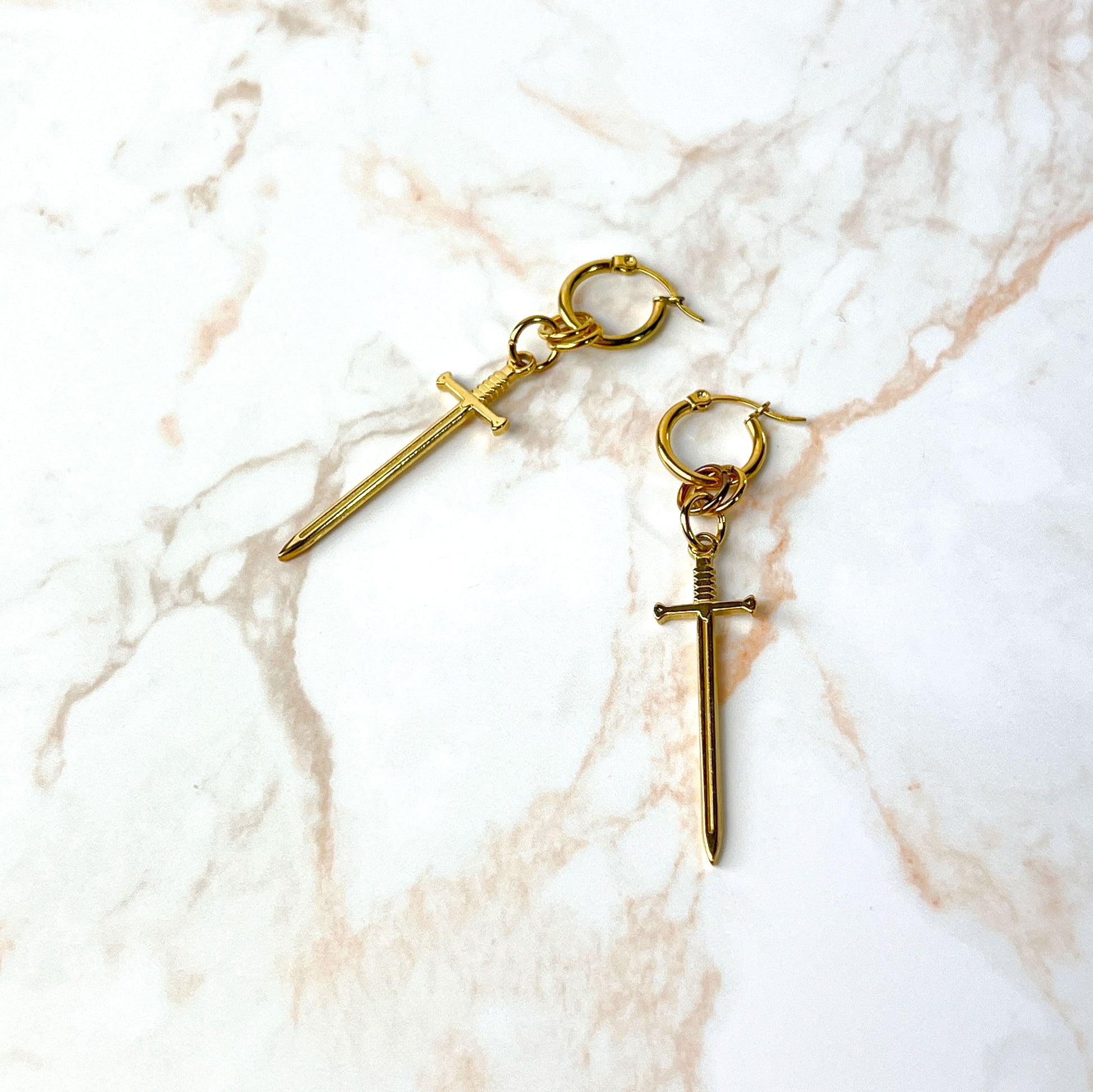 Gold hoop sword earrings, fantasy jewelry, stainless steel and 18k gold plated Baguette Magick