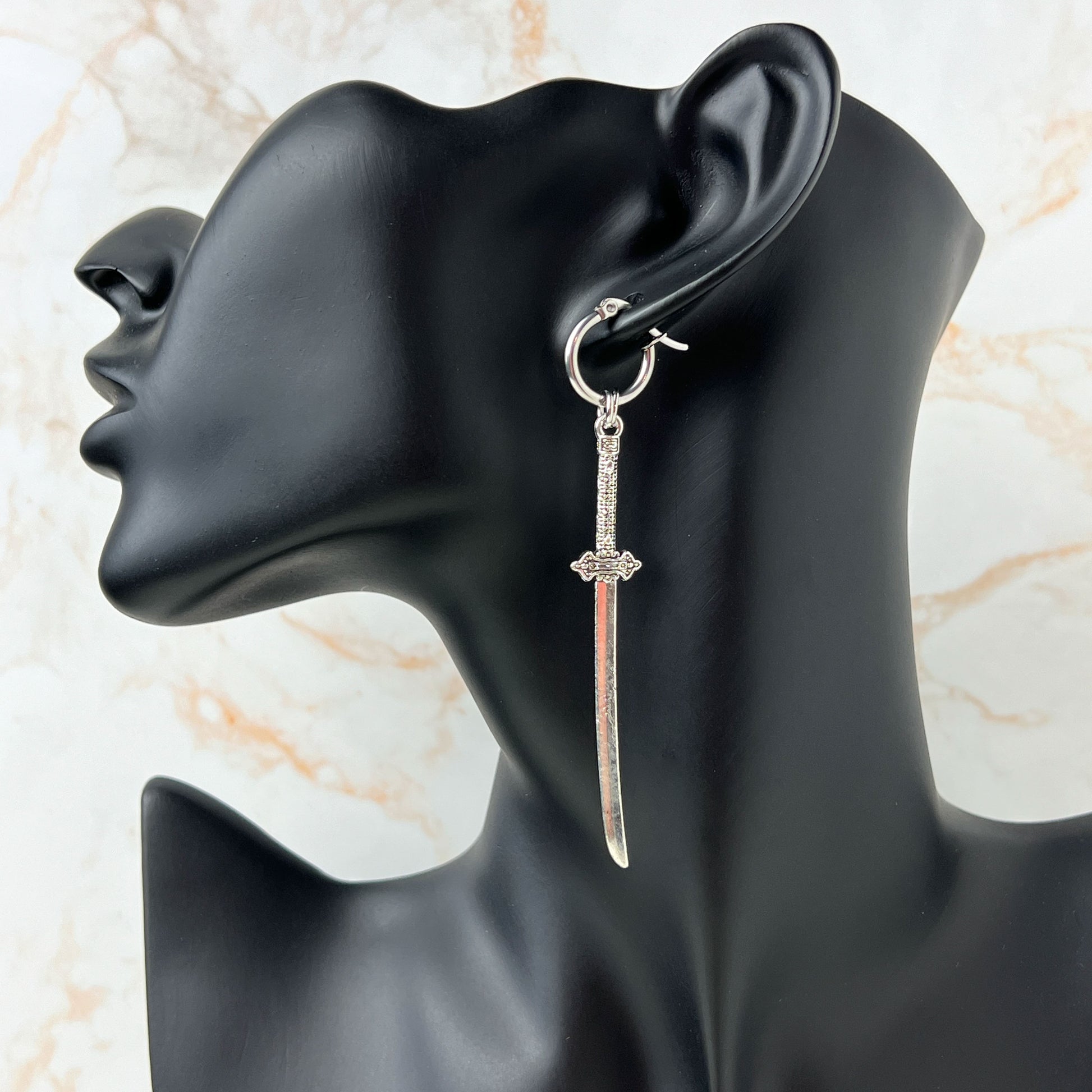 Katana sword earrings, with hypoallergenic stainless steel hoops Baguette Magick