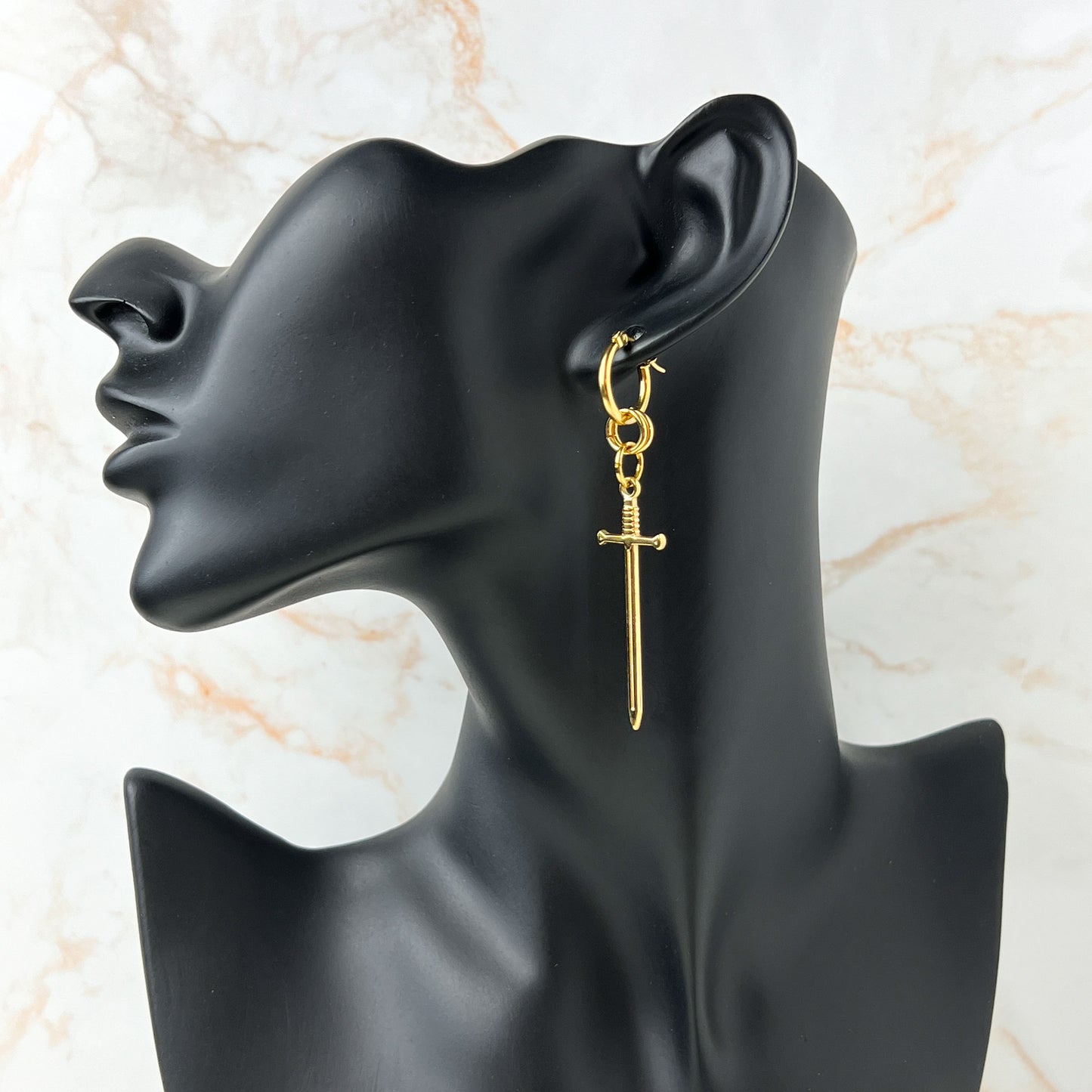 Gold hoop sword earrings, fantasy jewelry, stainless steel and 18k gold plated Baguette Magick