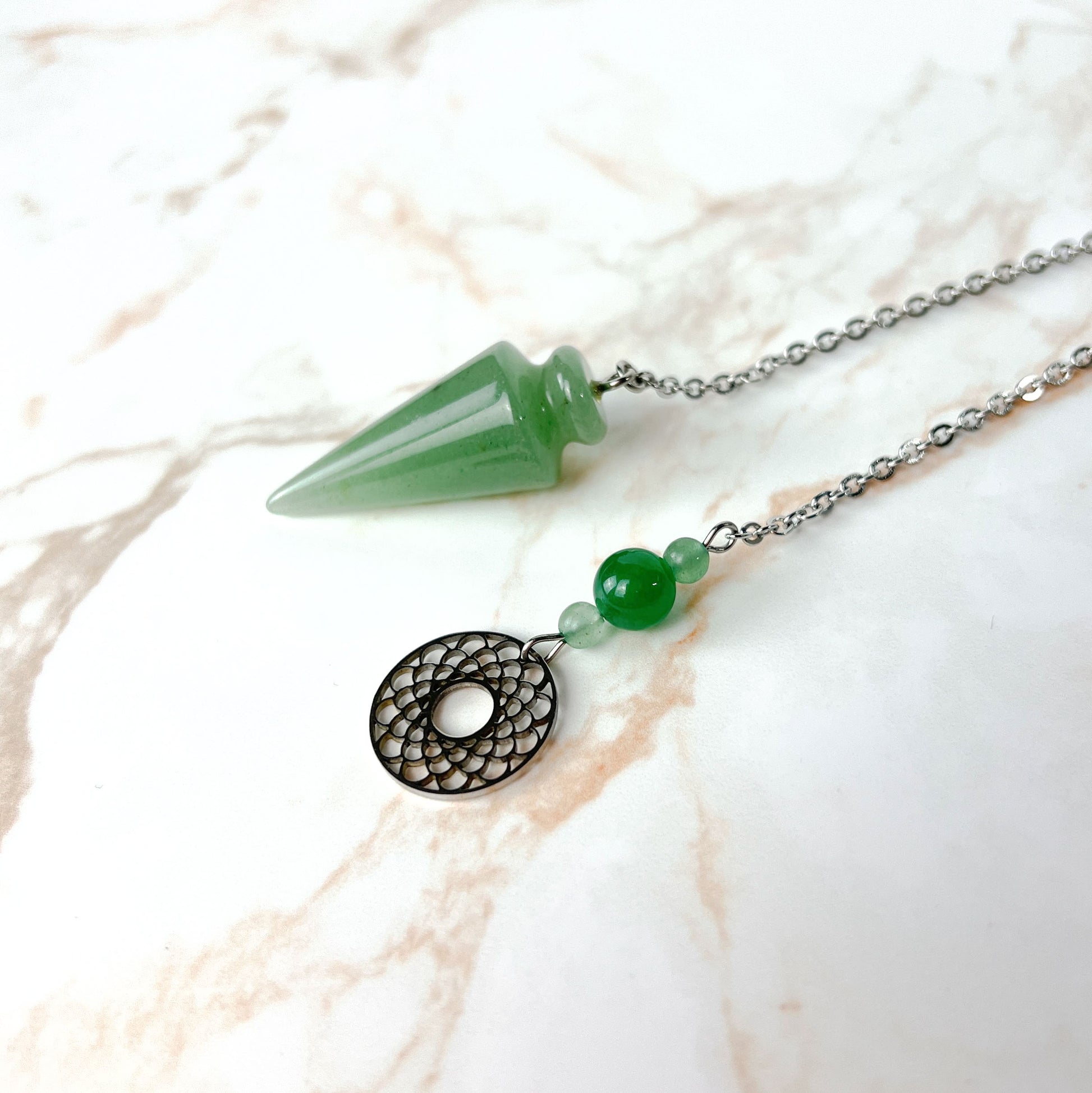 Aventurine and stainless steel pendulum with a geometric charm Baguette Magick