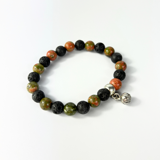 Unakite and lava mala beaded bracelet with a lotus seed charm