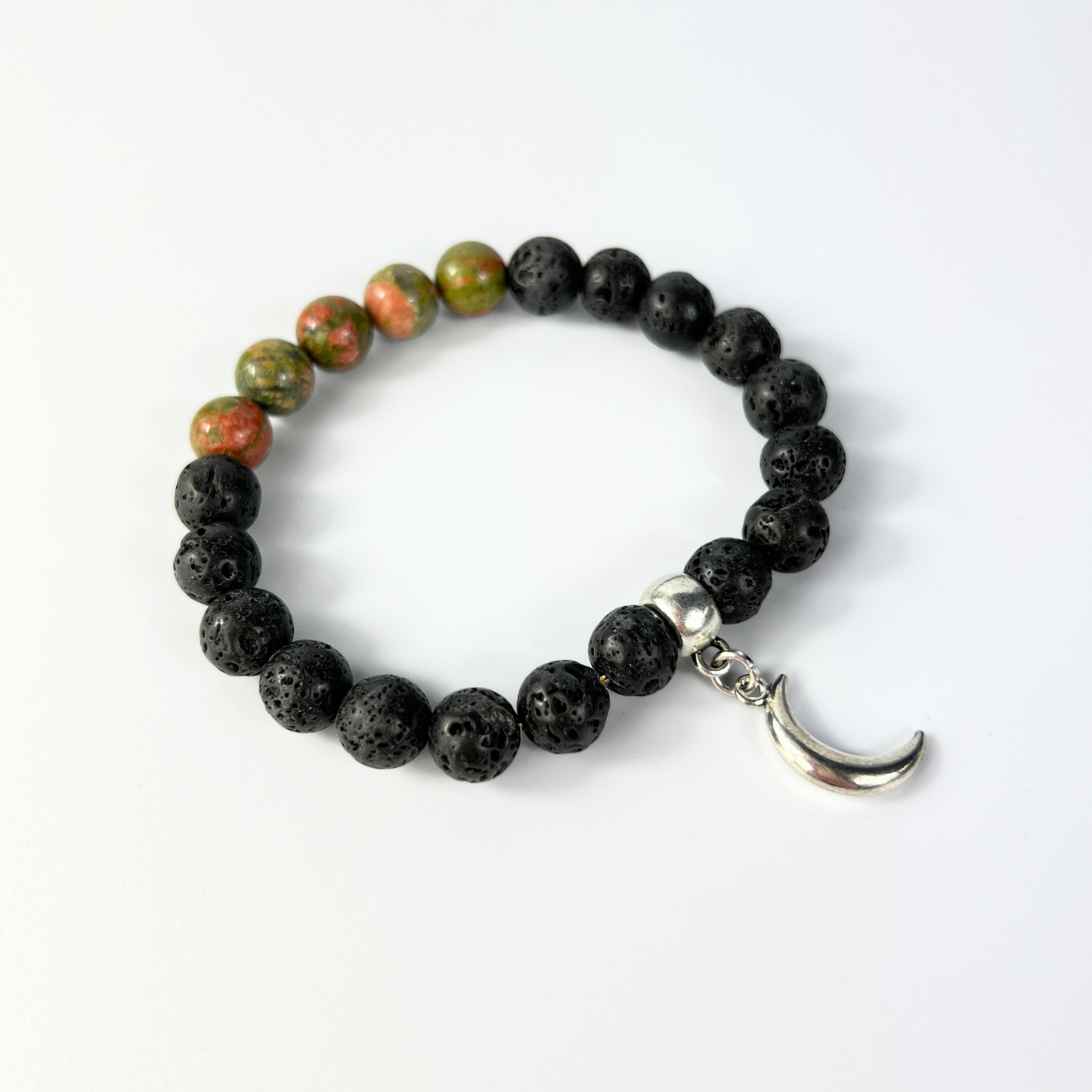Unakite and lava mala beaded bracelet with a crescent Moon charm