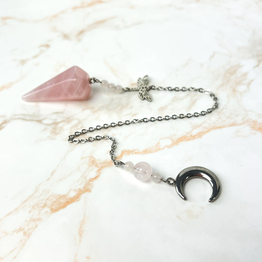 Rose quartz, stainless steel, Dragonfly and Moon crescent pendulum Baguette Magick