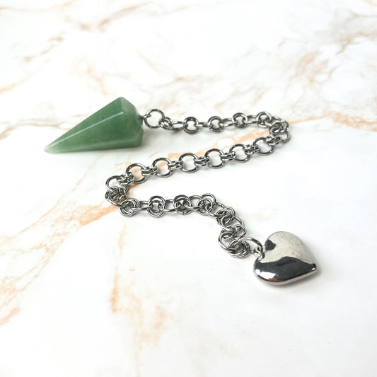 Aventurine and puffy heart dowsing pendulum gemstone and stainless steel witchy cute divination tool