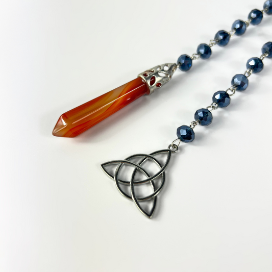 Carnelian gemstone pendulum, rosary chain and triquetra charm
