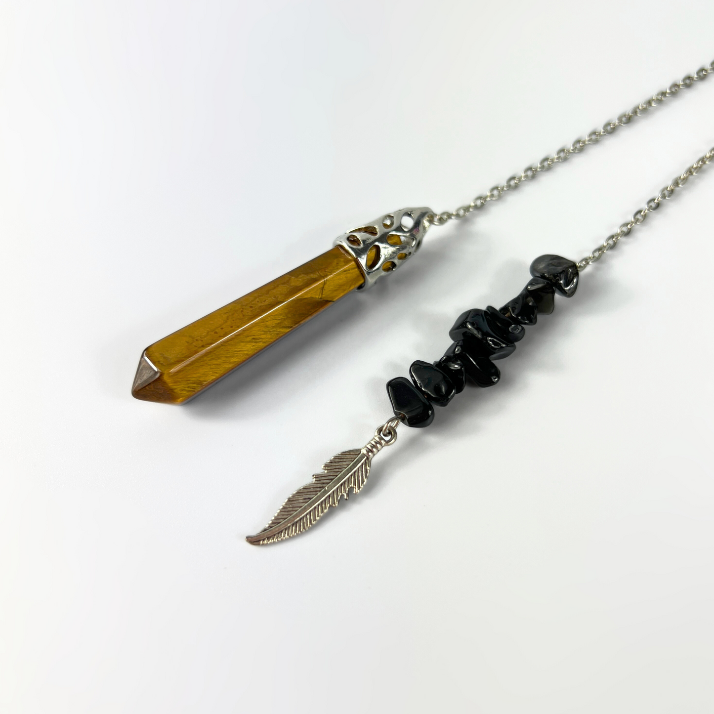 Tiger eye, obsidian and feather pendulum