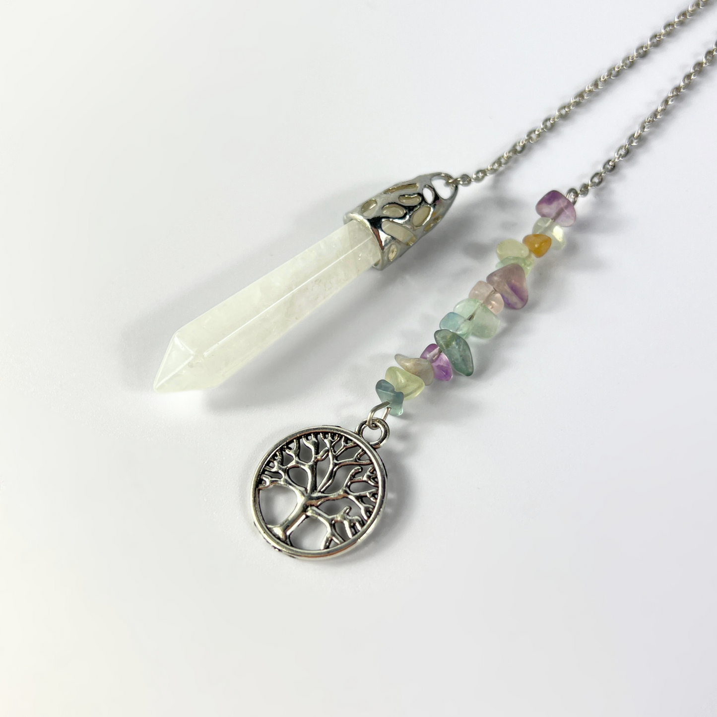 Clear quartz, fluorite and tree of life pendulum