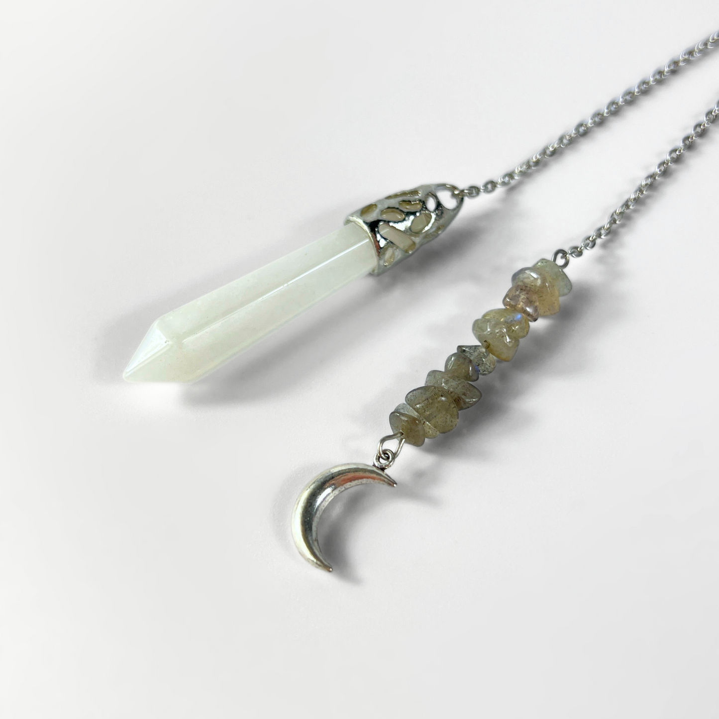 Clear quartz and labradorite Moon crescent dowsing pendulum Baguette Magick