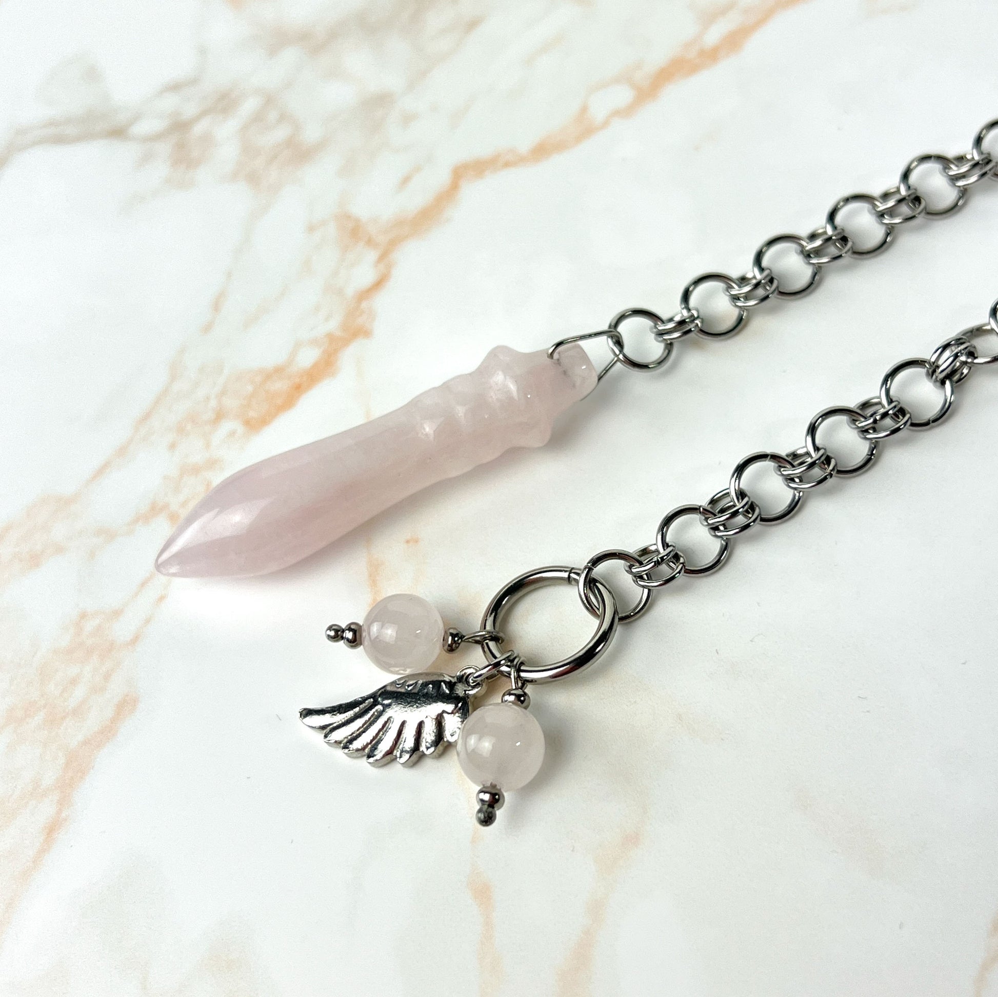 Egyptian Thot pendulum rose quartz chainmail, wing and stainless steel Baguette Magick