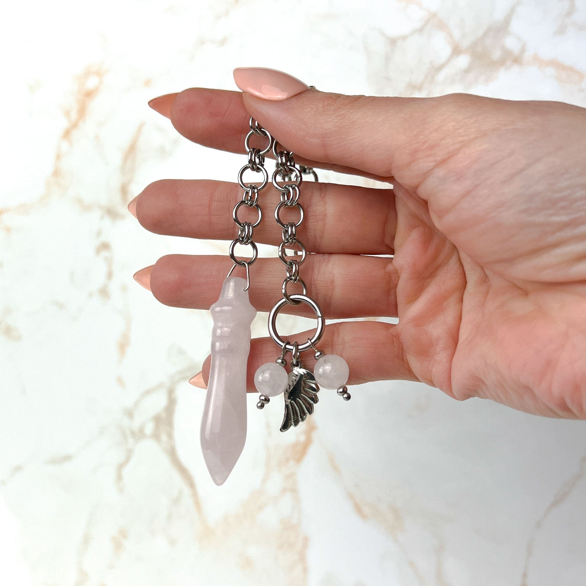 Egyptian Thot pendulum rose quartz chainmail, wing and stainless steel Baguette Magick