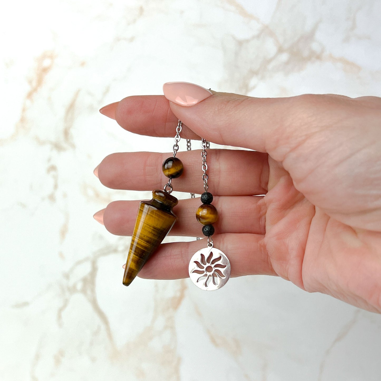 Tiger eye and stainless steel pendulum with a Sun charm Baguette Magick