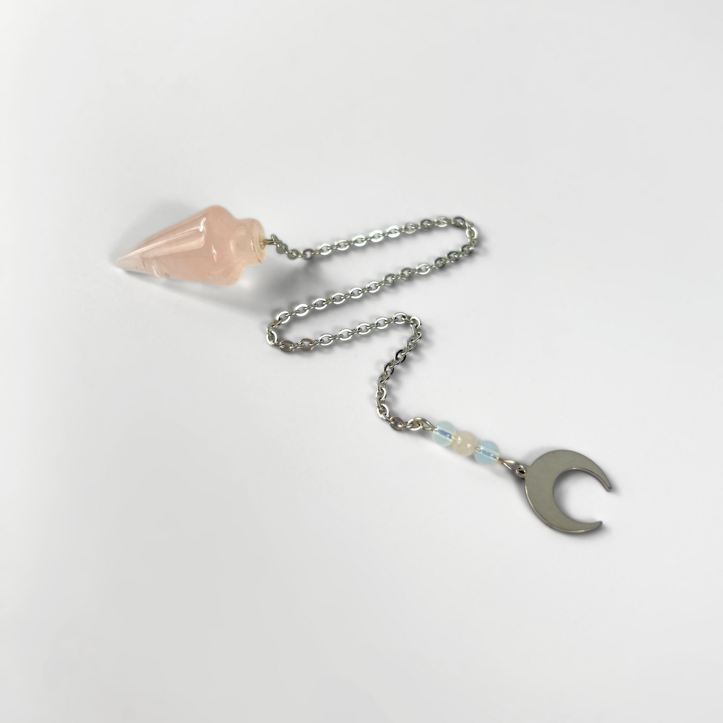 Rose quartz and opalite dowsing pendulum, pocket size, horn charm