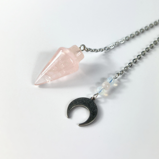 Rose quartz and opalite dowsing pendulum, pocket size, horn charm