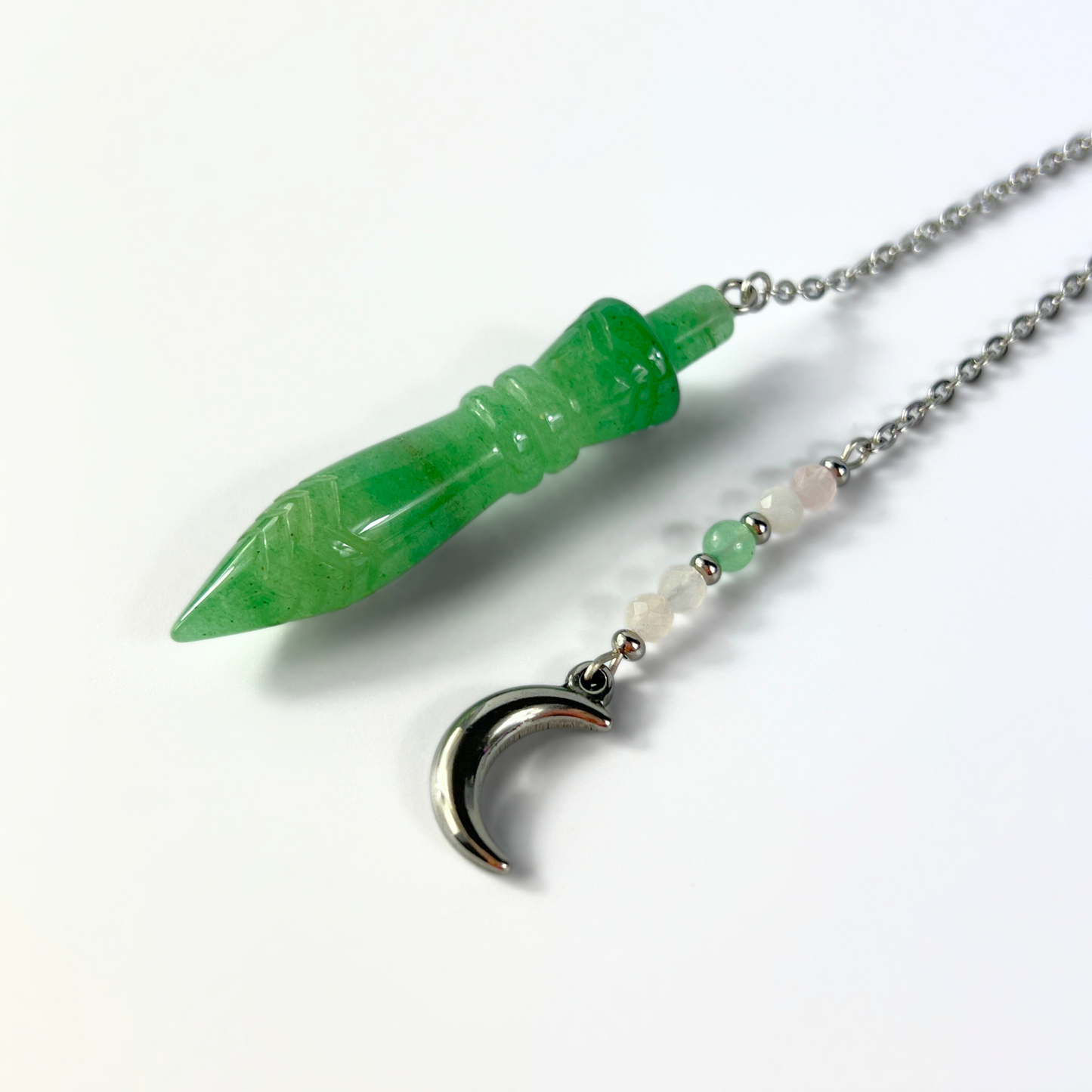 Pendule égyptien Thot gravé, aventurine, quartz rose, breloque croissant de lune