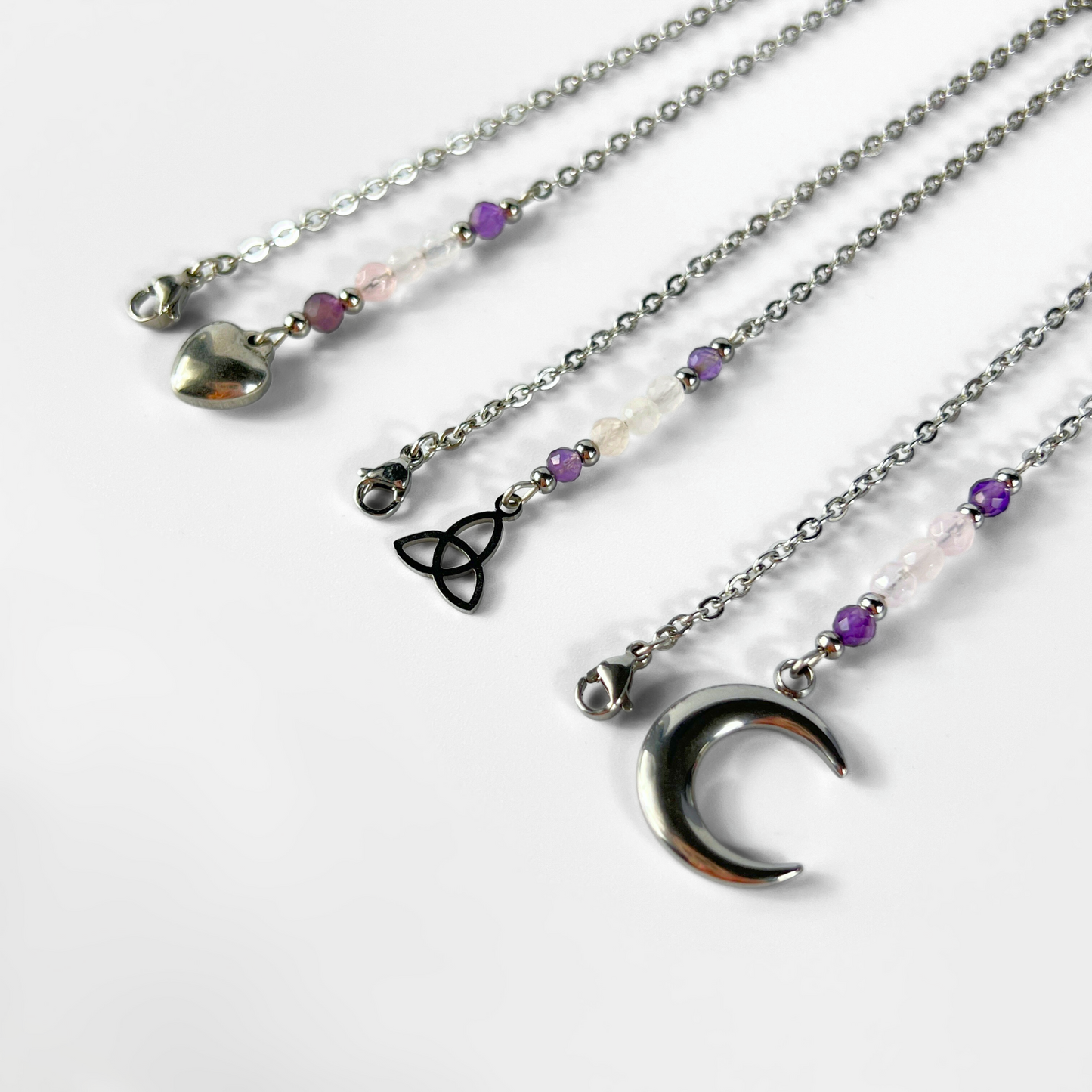 Pendulum chain, Rose quartz and Amethyst, Triquetra, Moon or Heart