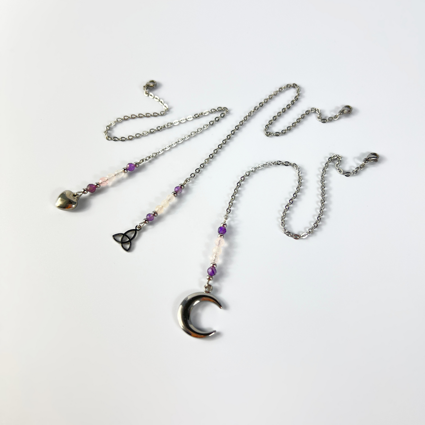 Pendulum chain, Rose quartz and Amethyst, Triquetra, Moon or Heart