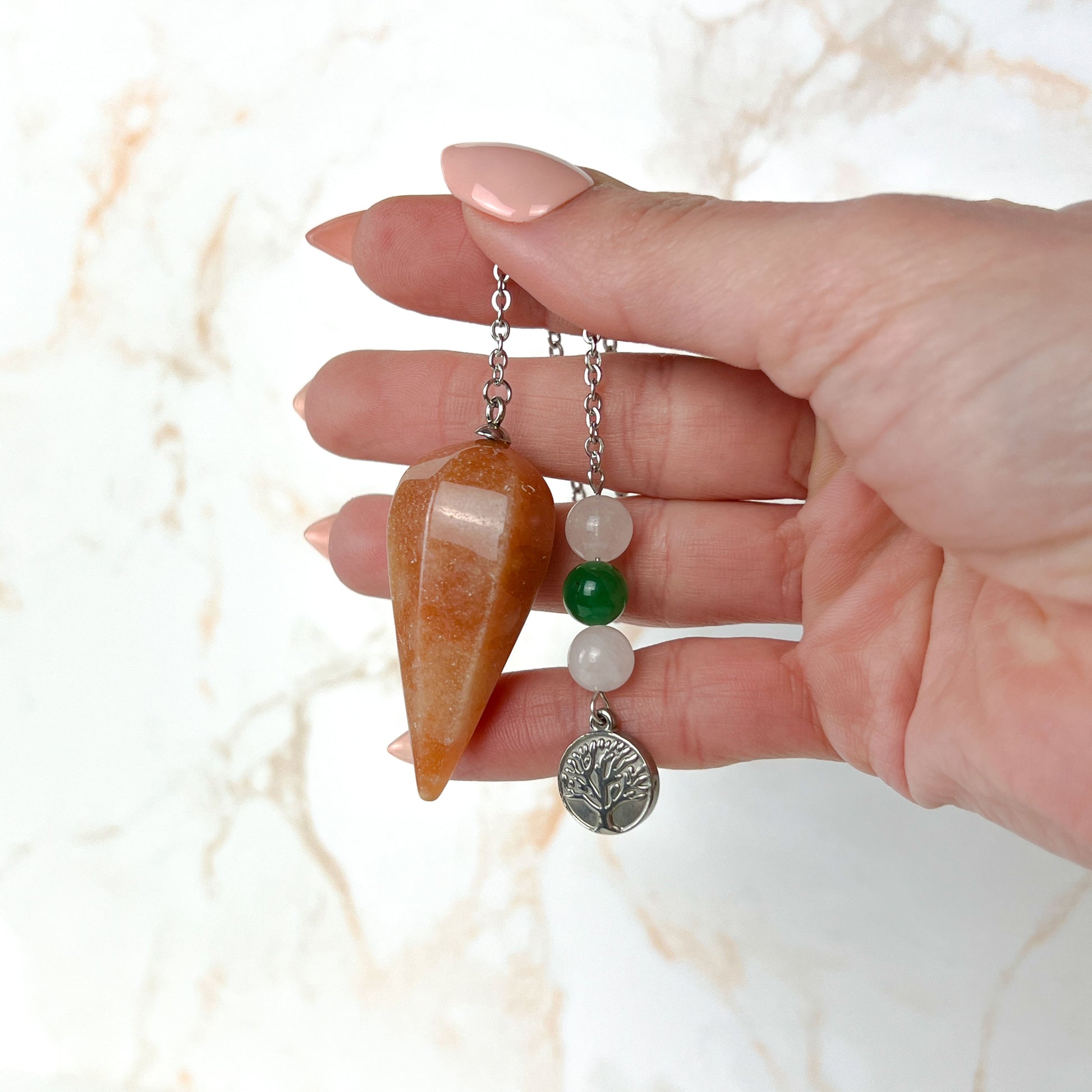Orange and green aventurine, clear quartz, and tree of life stainless steel pendulum Baguette Magick