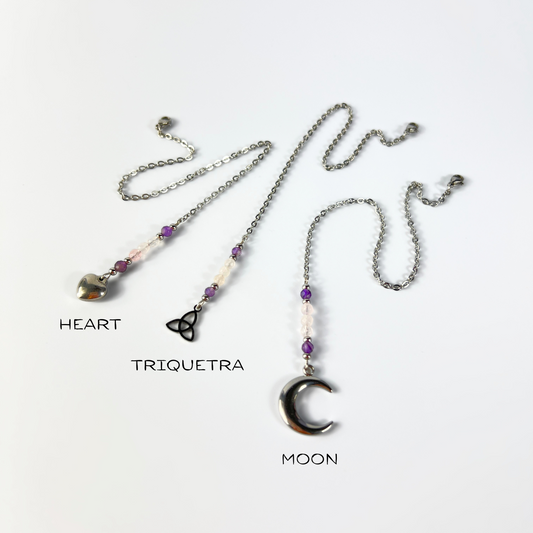 Pendulum chain, Rose quartz and Amethyst, Triquetra, Moon or Heart