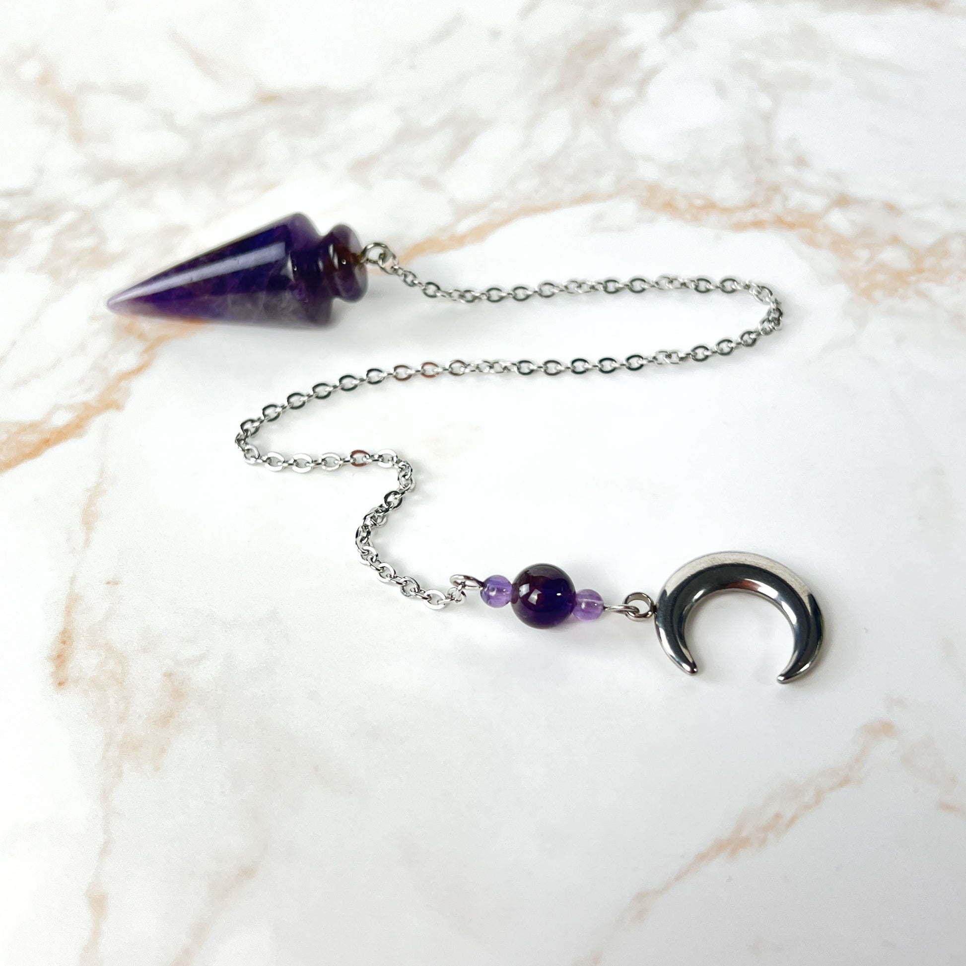 Amethyst and stainless steel Moon crescent pendulum Baguette Magick