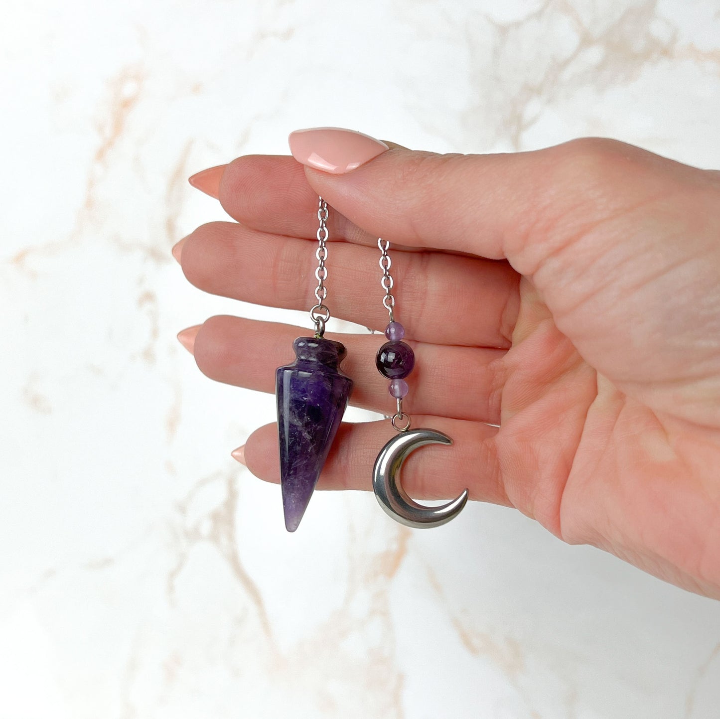 Amethyst and stainless steel Moon crescent pendulum Baguette Magick