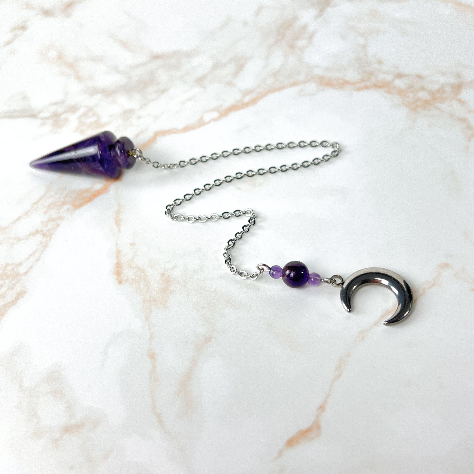 Amethyst and stainless steel Moon crescent pendulum Baguette Magick