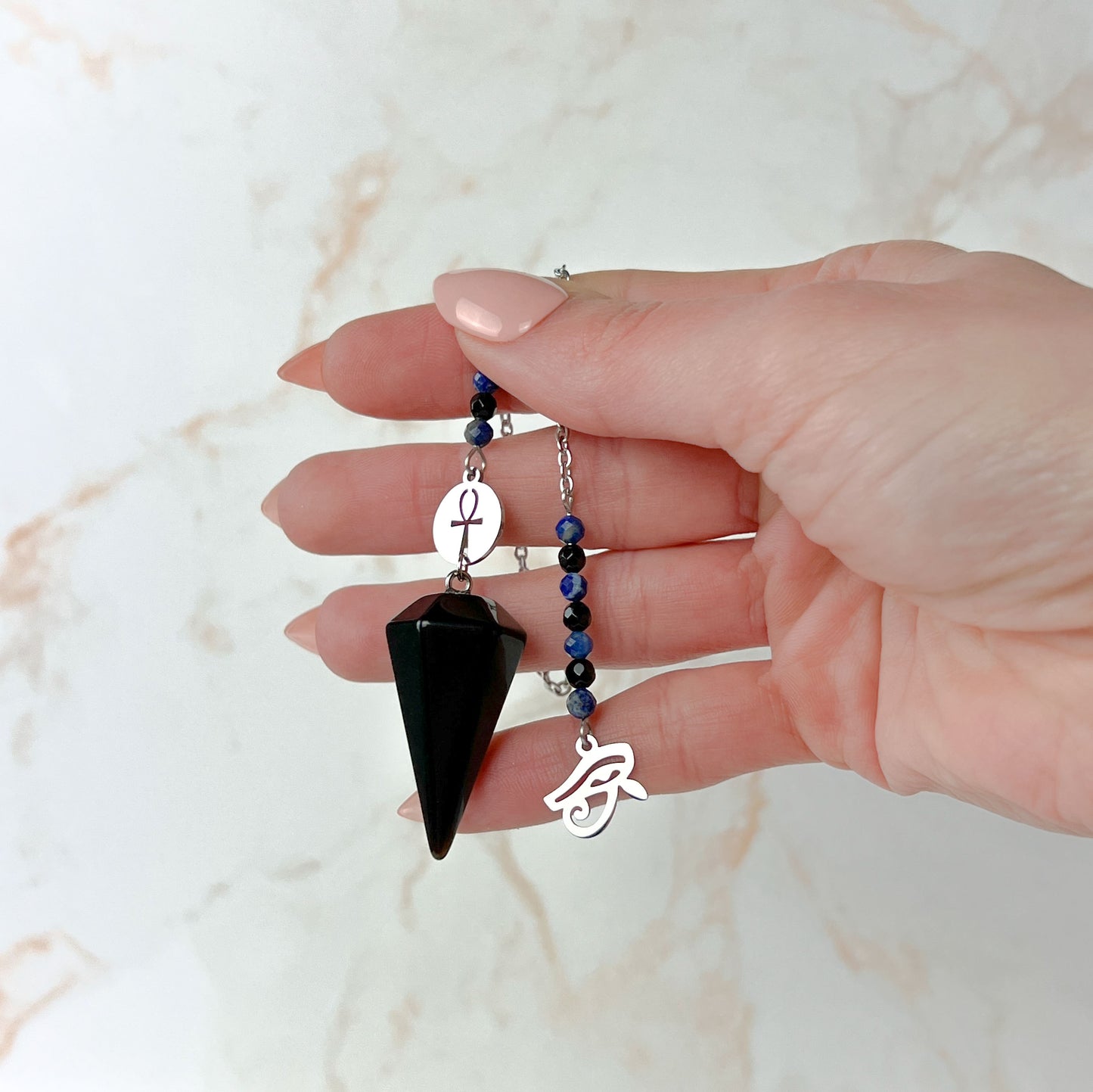 Stainless steel pendulum with obsidian, lapis lazuli, onyx, Eye of Horus and Ankh Baguette Magick